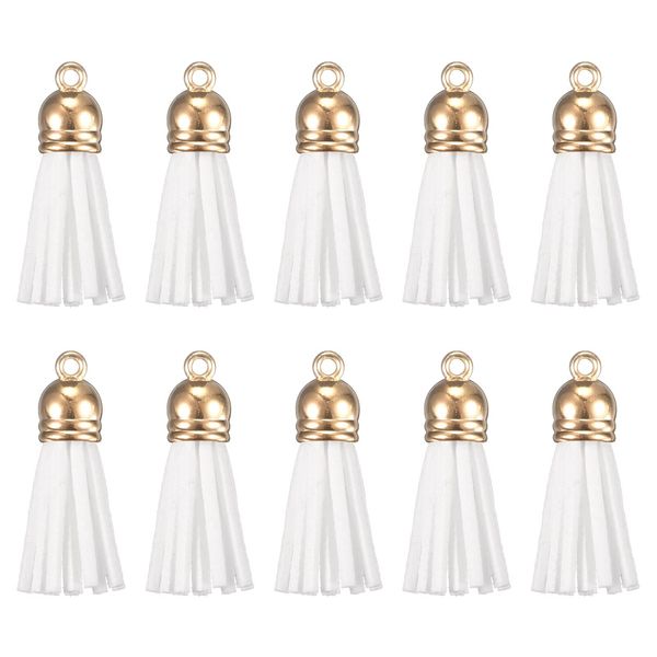 sourcing map 50Pcs Leather Tassel Keychain Charm Bulk with Cap for Pendant Bracelet Jewelry Making DIY Craft Decoration(1.46 Inch), White