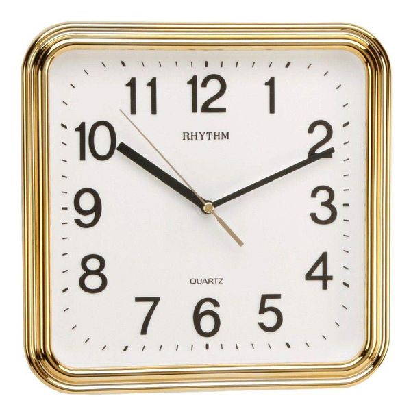 RHYTHM Square Silent Movement Wall Clock, 25cm, Gold & White