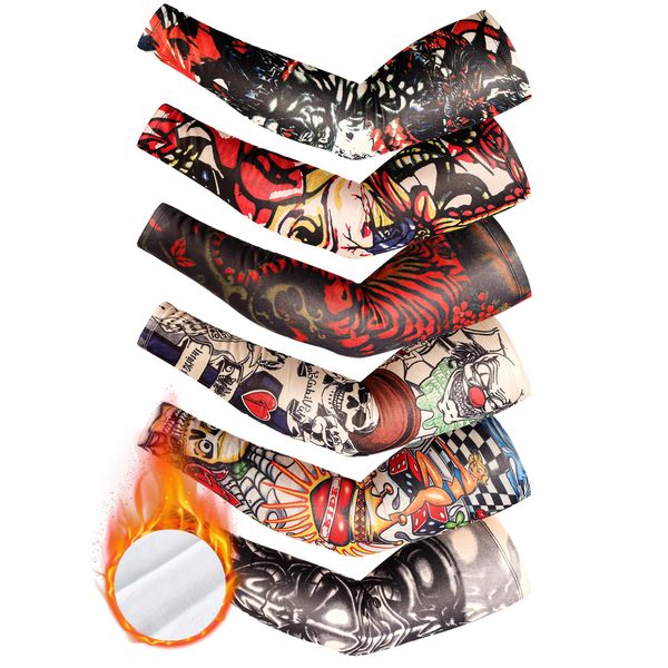 Fourluoo 6 Pcs Temporary Tattoo Sleeves Set Thermal Arm Warmer for Men Women Arm Sleeves for Cycling Running Anti Slip Protection Winter Arm Sleeves (Classic)