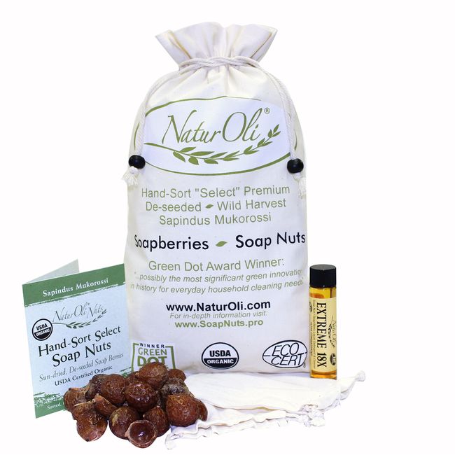 NaturOli Soap Nuts / Soap Berries. 2-Lbs USDA ORGANIC (480 loads) + 18X Travel Bottle! (12 loads) Select Seedless, 2 Wash Bags, Tote Bag, 8-pgs info. Organic Laundry Soap / Natural Cleaner. Processed in USA!
