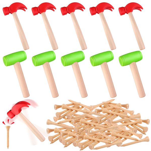 10Pcs Hammer Toys with 100Pcs Small Wooden Hammer Simulation Fake Hammer Maintenance Tools,Toy Hammer Plastic Toddler Claw Hammer Portable Toys Pretend Play Fake Mallet Hammer for Boys Girls