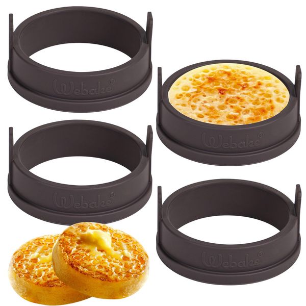 Webake Crumpet Rings Silikon 4 Stück 9cm Pancake Form für pfanne Spiegeleierformen Eierringe Eier Ring für Crumpet Pancake Eier