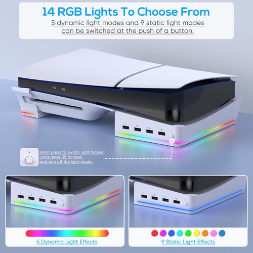 Horizontal Stand with RGB LED Light for New PS5 Slim Console,Stand Holder Accessories with 14 Light Modes and 4-Port USB Ports for Sync&Charge,Non-Slip Base for Playstation 5 Slim Disc&Digital Edition