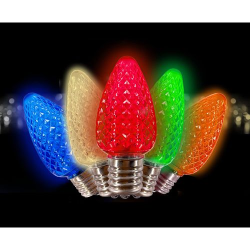 MIK Solutions C7 LED Bulb (Pack of 25) Multicolor Replacement Christmas Light Bulbs Faceted Retrofit Candle Shape Commercial Grade E12 Socket Roof Lights Bulbs