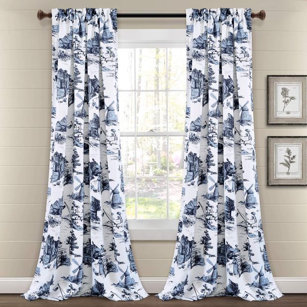 Lush Decor French Country Toile Room Darkening Window Curtain Panel Pair, 52" W x 95" L, Blue & White