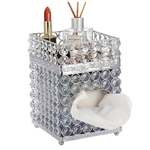 Sumnacon Square Tissue Box Cover- Crystal Cube Tissue Box with Storage Tray, Stylish Tissue Box Holder for Bathroom Bedroom Living Room Table Desk Home Office,Silver