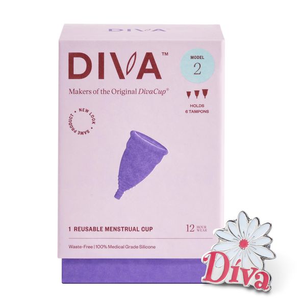 Diva Cup & Pin - Medical Grade Silicone Cup for Period Care - Reusable Menstrual Cup - Up to 12 Hours of Continuous Wear - Model 2 (for Wide Vaginal Canals, Post-Partum & Ages 35+) - with Enamel Pin