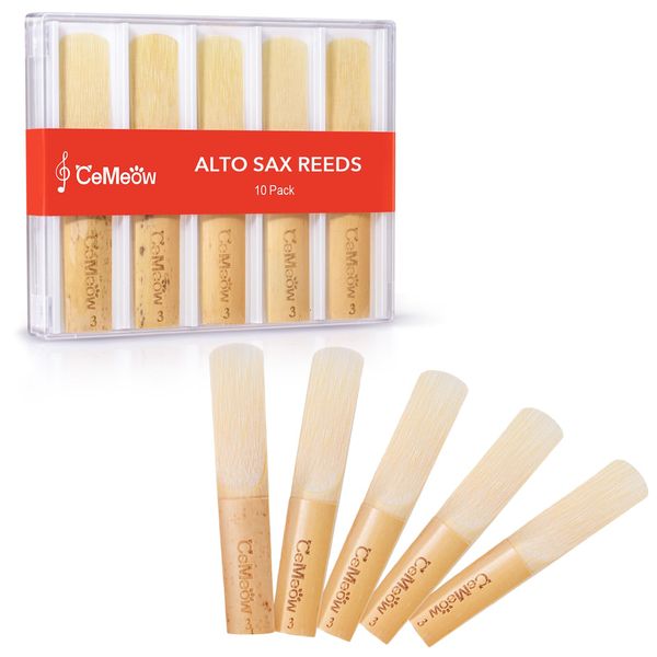 CeMeow Alto Saxophone Reeds 3.0, Professional Alto Sax Reeds 10Pack with Plastic Box, Thinner Reed Tip Advanced Cutting Technology for Saxophone Beginner and Player