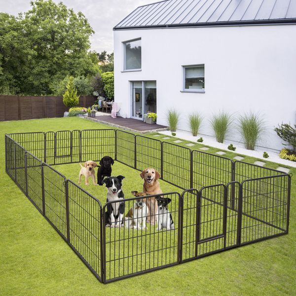 32'' 16 Panels Metal Pet Playpen Dog Fence Large Dog Kennel with Door Outdoor