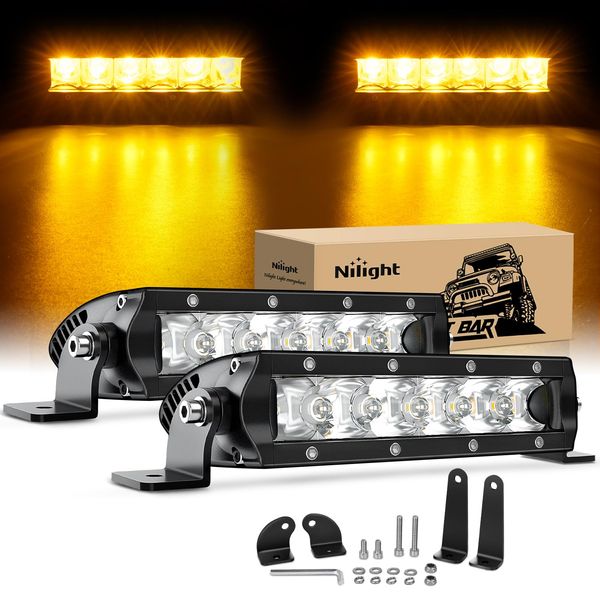 Nilight Led Light Bar Amber 2Pcs 7Inch 30W Spot 3000LM Super Slim 3D Driving Fog Off Road Work Light Pods for Trucks Pickup SUV ATV UTV Boat 4x4 Van Camper- 2 Style Mounting, 2 Years Warranty