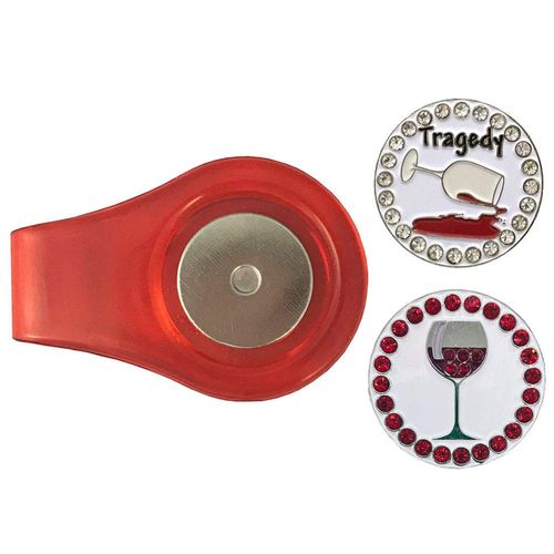Giggle Golf Magnetic Ball Marker Clip with Two Bling Golf Ball Markers (Red Wine & Tragedy)