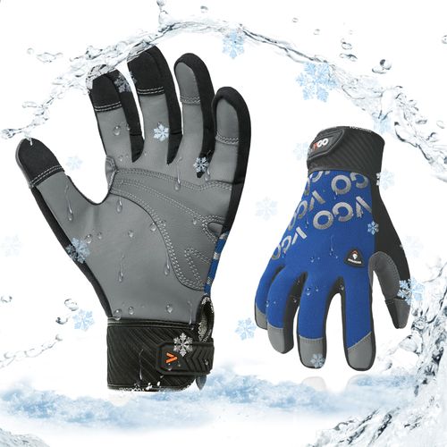 Vgo...GA9604FLWP Waterproof Thermal Gloves, Work Leather Gloves, Sheep Leather, 3D Dimensional, Sheep Leather, Flexible, Abrasion-resistant, Light Duty Mechanic Gloves (L, Blue)