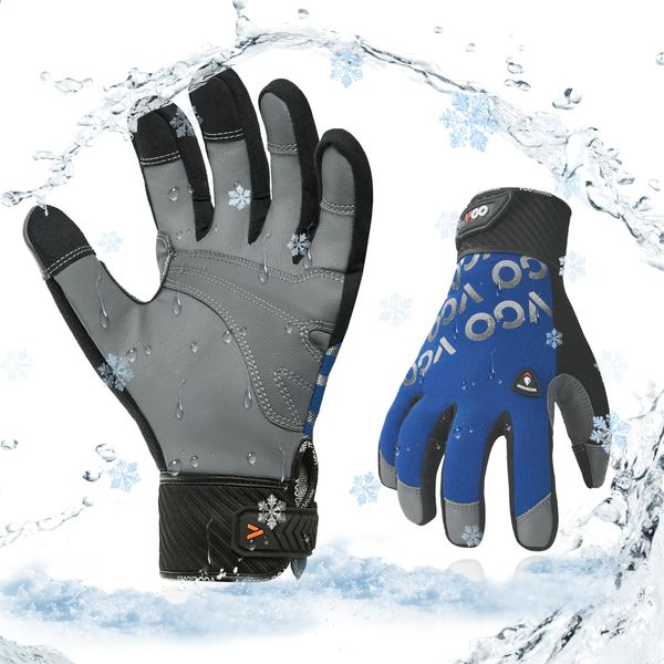 Vgo...GA9604FLWP Waterproof Thermal Gloves, Work Leather Gloves, Sheep Leather, 3D Dimensional, Sheep Leather, Flexible, Abrasion-resistant, Light Duty Mechanic Gloves (L, Blue)