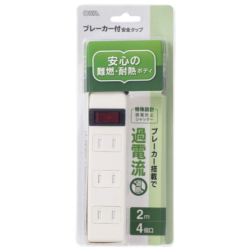 OHM Safety Taps with Breakers, 4 Slots, 6.6 ft (2 m), White HS-TV42S-W