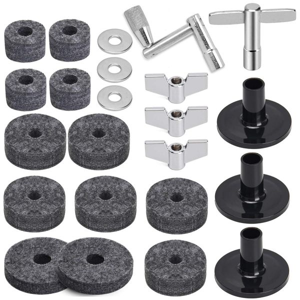 Facmogu 23PCS Cymbal Replacement Accessories, Cymbal Stand Felts, Drum Cymbal Felt Pads Include Wing Nuts, Washers, Cymbal Sleeves & Drum Key - Gray