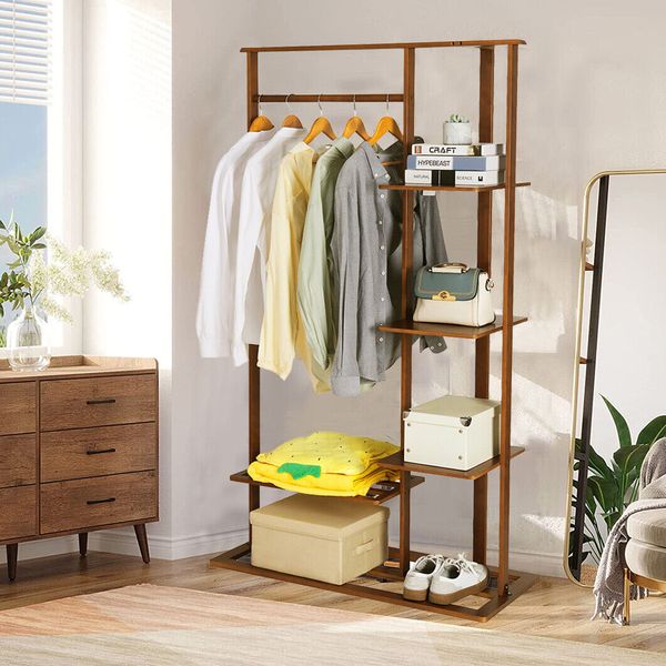 Retro Solid Wood Garment Rack Clothing Closet Storage Hanger with 5-Tier Shelves