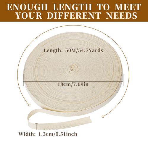 Cotton Twill Tape Ribbon 1/2 Inch 54.7 Yards Soft Natural Herringbone Webbing Tape Roll Twill, Blanket Binding Ribbon Beige Linen Fabric Ribbon Bias Book Binding Tape for DIY Crafts Sewing Knit
