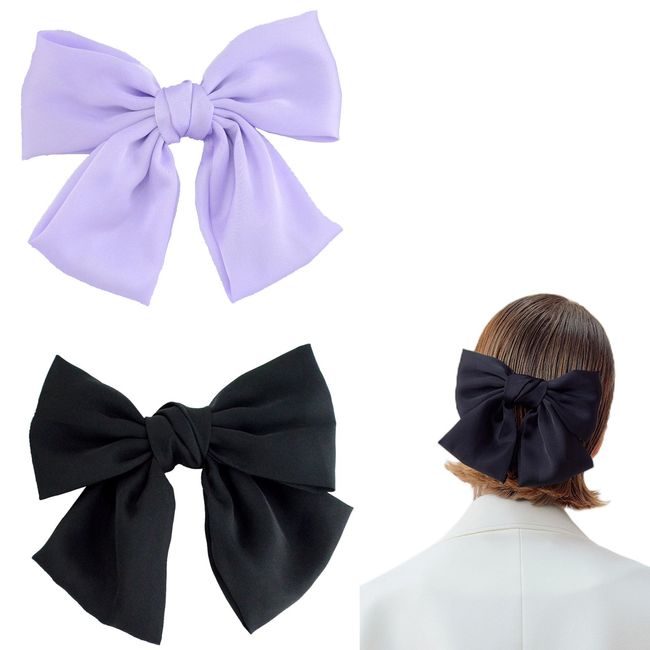 Bow Hair Clip,BAIYSFFG 2Pcs Hair Bows for Women Big Bowknot Hairpin French Hair Clips with Ribbon Solid Color Hair Barrette Clips Soft Satin Silky Hair Bows for Women Girls（Black,Light Purple）