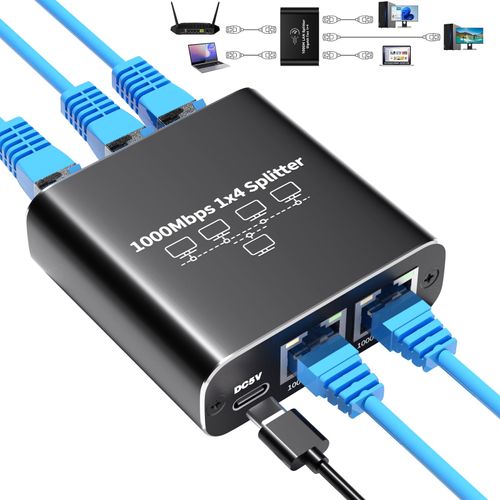 1000Mbps Ethernet Splitter 1 to 4 High Speed Rj45 Splitter, 4 Devices Simultaneously Networking, LAN Network Adapter with USB Power Cable, Internet Splitter for Cat5/5e/6/7/8 Cable