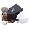 4 Pieces Wooden Shaving Set for Mens Includes Black Badger Hair Brush DE Safety Razor Stainless Steel Bowl and Soap Perfect Set for Men