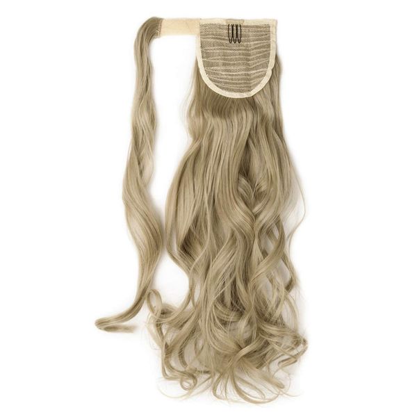 17" Long Curly Wavy Wrap Around Ponytail Clip in Hair Extensions One Piece Hairpiece Magic Tape in Pony Tail Extension for Women Ash Blonde mix Bleach Blonde