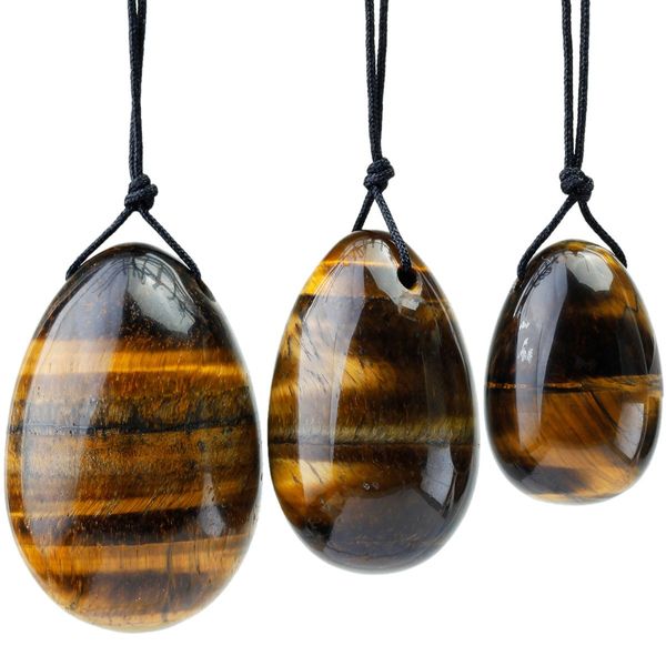 Shanxing Natural Tiger's Eye Yoni Eggs Stones Set of 3, Predrilled, with Unwaxed String, Massage Stone for Women to Train Pelvic Muscles Kegel Exercise