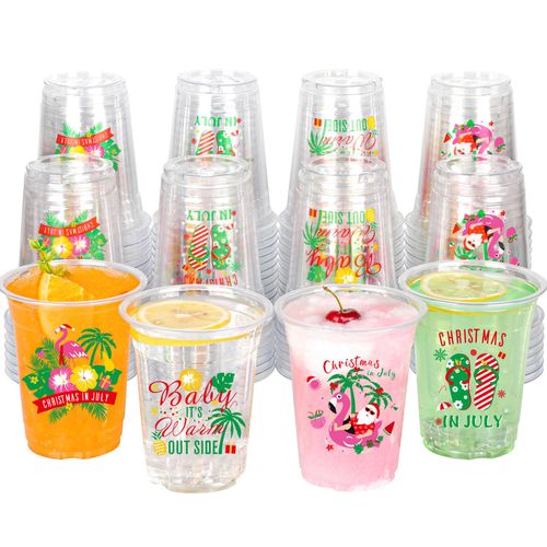 100Pcs Christmas in July Party Decor Disposable Plastic Cups 12 OZ Summer Tropical Hawaiian Christmas Santa Beach Clear Cups for Christmas in July Beach Pool Party Supplies