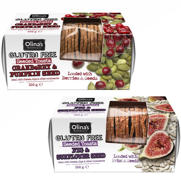 Olina's Bakehouse Gluten Free Seeded Toasts | Cranberry & Pumpkin Seed 100g and Fig & Sunflower Seed 100g | Bundle of 2 Flavors