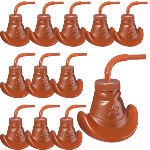 Gerrii 12 Pcs Cowboy Hat Party Cups Cowgirl Hat Cups with Straw and Lids 10 oz Plastic Cowboy Party Cups for Western Themed Party Rodeo Party Favors Supplies Decorations (Brown)