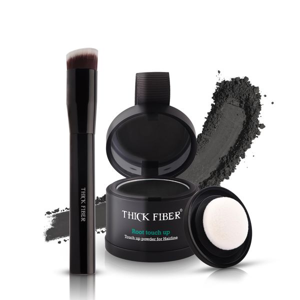 THICK FIBER Root Touch Up Powder - Water & Sweat Resistant Hair Loss Concealer Set for Thinning Hair Women, Includes Brush (Black)