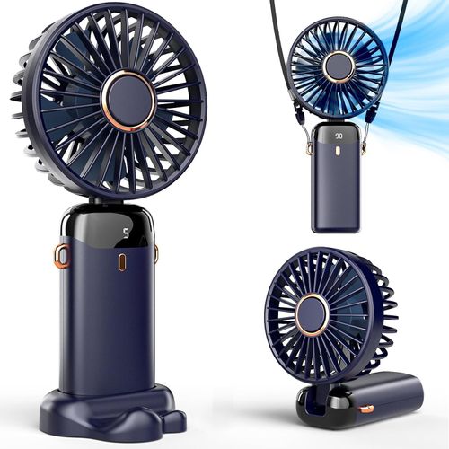 BCRTO Portable Handheld Fan Battery Operated with Base, 8 Hours, Digital Display, 5 Speeds, 90° Ajustable, Rechargeable Mini Fan for Outdoor Indoor