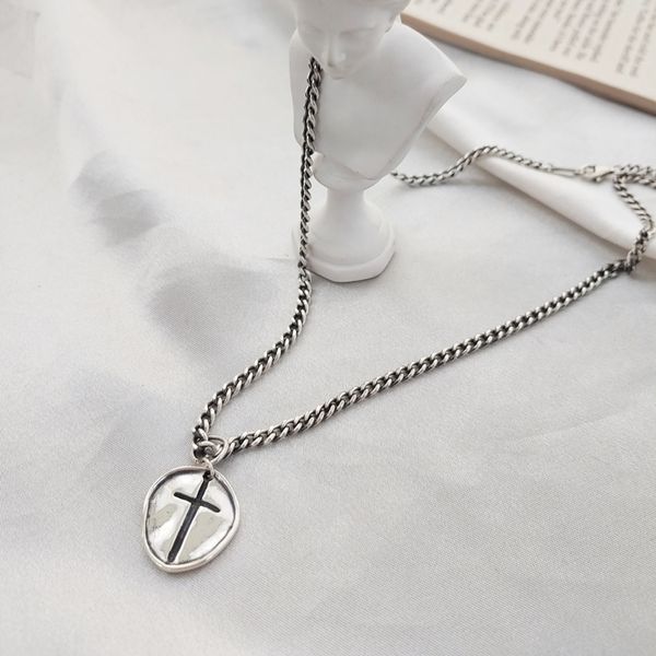 Silver 925 Double Sided Cross Seal Pendant Oil Painting Chain Necklace