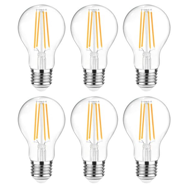 Ascher 60 Watt Equivalent, E26 LED Filament Light Bulbs, Warm White 2700K, Non-Dimmable, Classic Clear Glass, A19 LED Light Bulb with 80+ CRI, 6-Pack