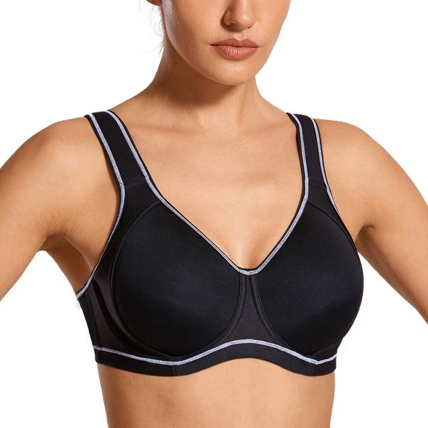 SYROKAN High Impact Sports Bras for Women Support Underwire Cross Back Large Bust Cool Comfort Molded Cup Black 38C