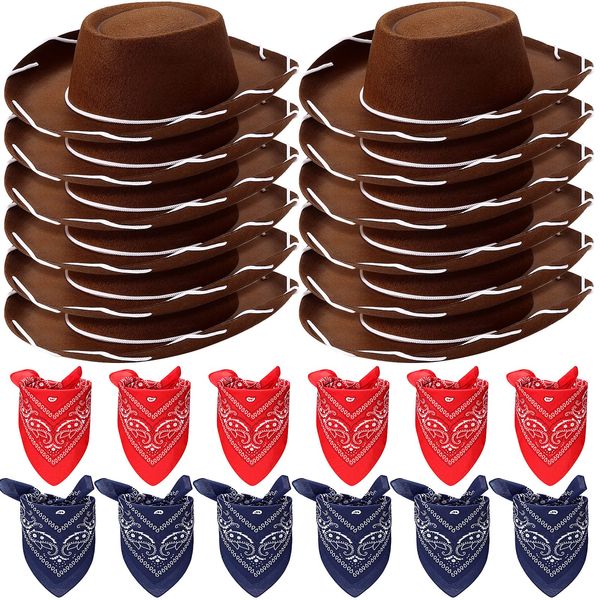 24 Pieces Pink Cowboy Hats and Bandanas for Kids Western Cowboy Costume Hat Accessories for Toddler Child Western Theme Birthday Party Supplies Halloween Costume Dress (Dark Brown, Navy, Red)