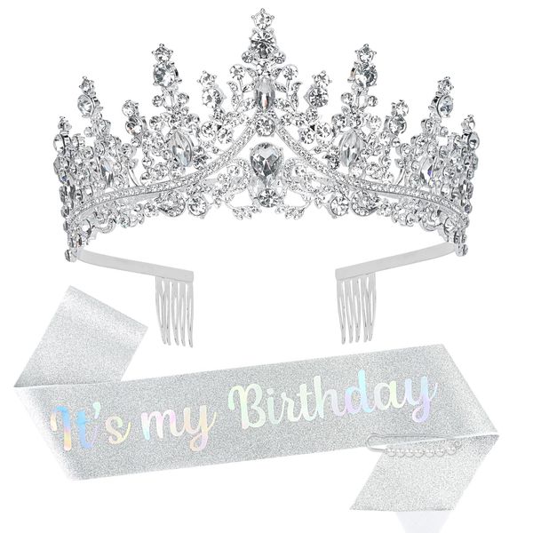 BAHABY Silver It's My Birthday Sash & Rhinestone Tiara Set Princess Birthday Sash and Tiara for Women Birthday Decorations Rhinestone Headband for Women Girls