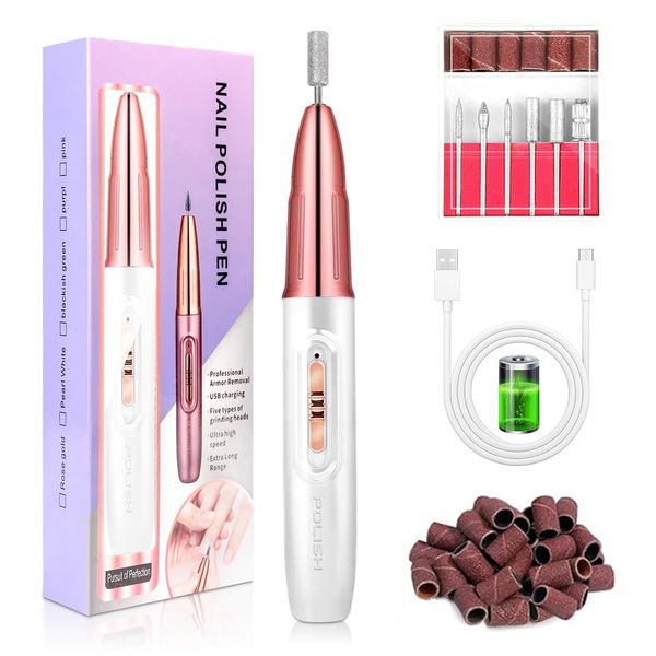 LEDSUUEI Cordless Electric Nail Drill: 30000RPM Professional Electric Nail File for Acrylic Polish Gel Nails Removal Rechargeable Nail Dril with Nail Drill Bits Sanding Bands(White Gold)