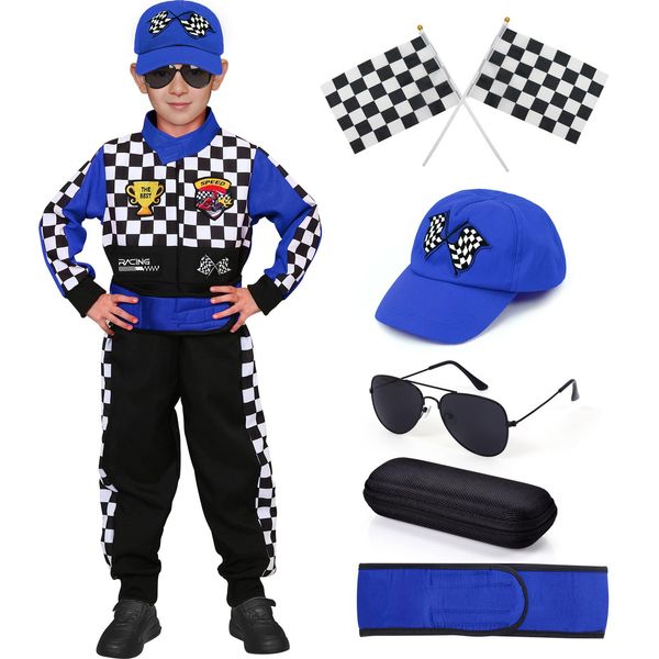 Latocos Kids Race Car Driver Costume Boys Girls Racer Jumpsuit With Car Cap Sunglasses Kids Dress Up Role Play for Halloween