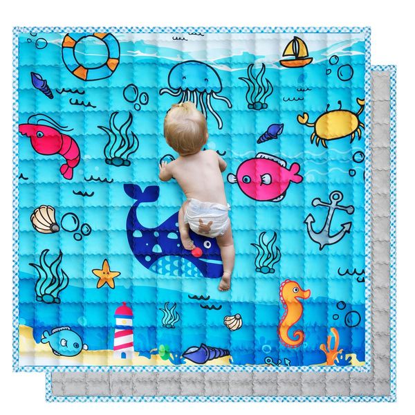 Baby Play Mat, Baby Crawling Floor Mats Babies Playmats Compatible with TODALE LIAMST Baby Playpen, Non-Slip Cushion Indoor Outdoor Infant Play Mat Kids Playpen Mat for Baby (50x50 Inch, Ocean Blue)