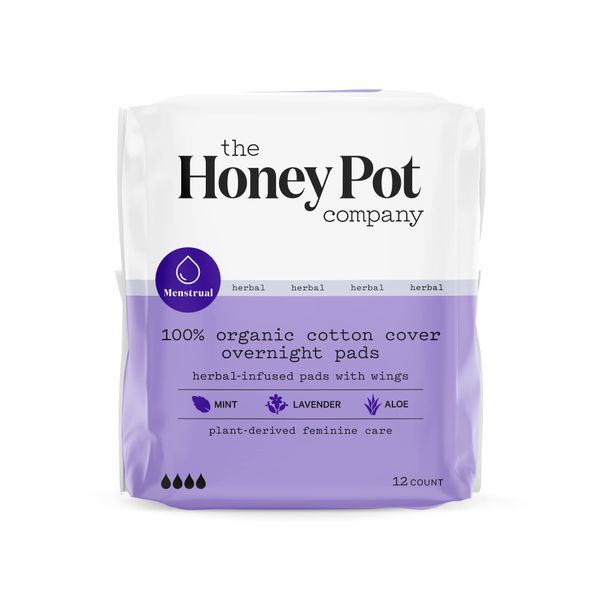 The Honey Pot Company - Herbal Overnight Pads with Wings. Infused w/Essential Oils for Cooling Effect, Organic Cotton Cover, and Ultra-Absorbent Pulp Core -Feminine Care- 12 ct.