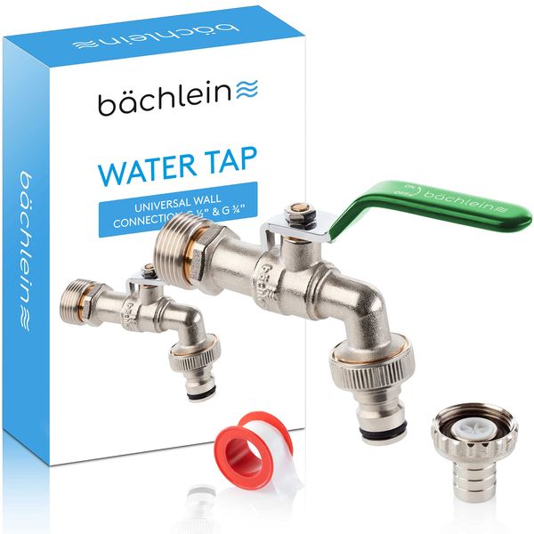 Bächlein Universal Water Tap for The Garden [Green] incl. 2 Hose Connections - Noble Ball Valve with 1/2 and 3/4 Inch Connection, Outlet Tap Outside