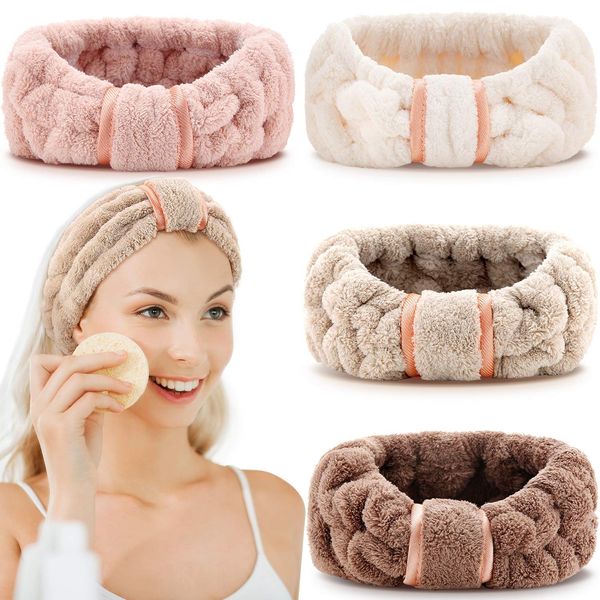 WILLBOND 4 Pack Microfiber Spa Facial Makeup Headbands Elastic Terry Cloth Head Wrap for Women Girls Washing Face Shower Yoga Sports (Coffee, Khaki, Pink and White)