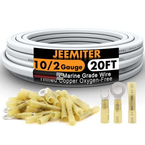 Jeemiter 10/2 AWG Marine Wire Duplex Cable 20FT 10 Gauge 2 Conductor Oxygen-Free Tinned Copper Red Black Electrical Wire with Lugs Terminal Connectors and Heat Shrink Tube