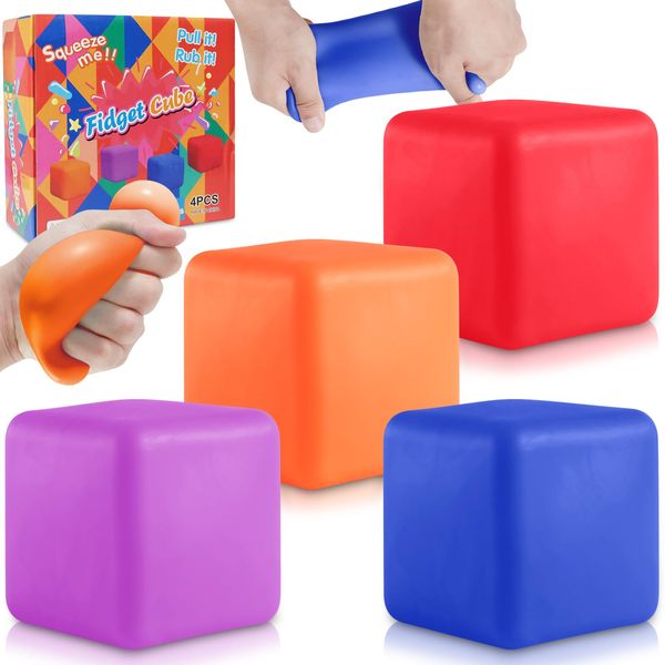 Stress Cube Fidget Ice Cube Stress Balls, 4Pcs Stress Balls for Kids, Fidget Toys Adults Stress Relief Squeeze Ball, Square Shape Hand Exercise Ball, Sensory Toys for Autistic (Slow Rising Cube)