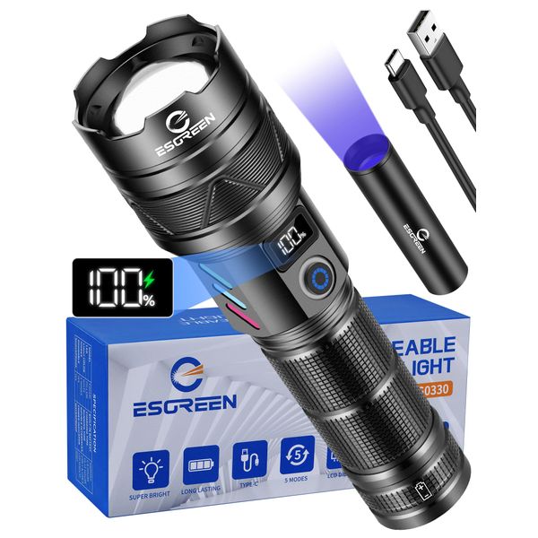 ESGREEN LED Taschenlampe Extrem Hell 500000 Lumens Lange Reichweite, USB C Aufladbar Taktische Starke taktische Flashlight mit Hohe Kapazität Akku, Zoombar 5-Modi Groß Torch Light für Camping Security