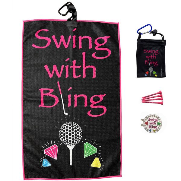 Giggle Golf Par 3 Kit Includes a Golf Towel Waffle Material, Tee Bag with 4 Tees, and Bling Golf Ball Marker with Hat Clip - Golf Accessories - Perfect Golf Gift for Women (Swing with Bling)