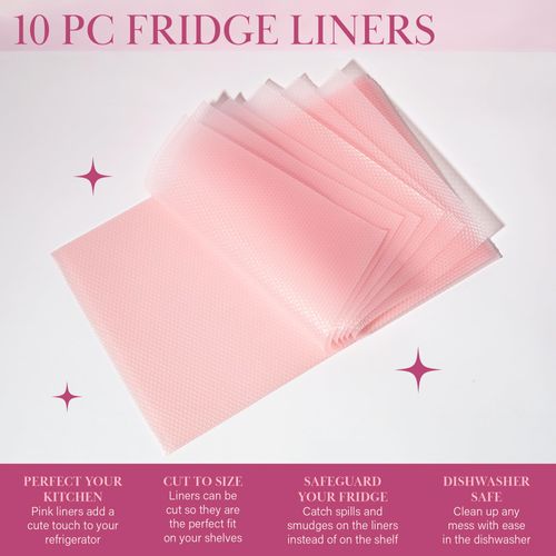 Paris Hilton Refrigerator Shelf Liners, 17.7-Inch x 11.4-Inch Mats, Trim to Fit, Reusable, Easy to Clean, Food Grade Plastic, Made Without BPA, 10-Piece Set, Pink