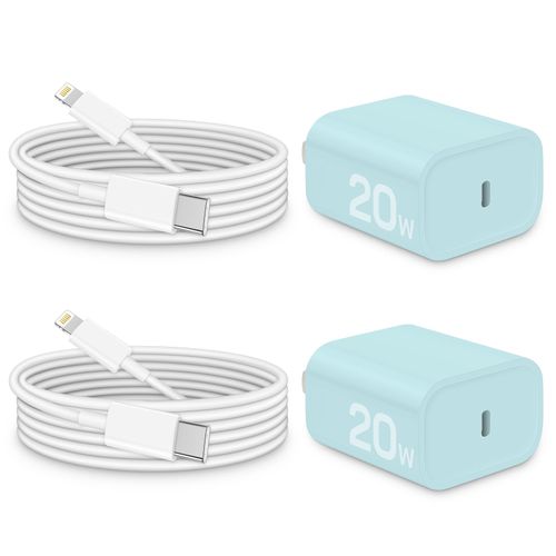 iPhone Charger Fast Charging, MFi Certified, 20W USB C Block with 6Ft Lightning Cable for iPhone 14/13/12/11/Xs/8, iPad and More [2 Pack] [Blue]