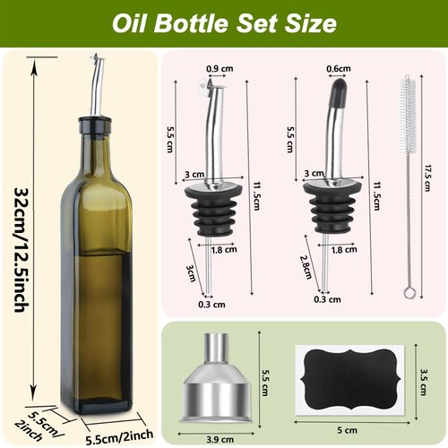 MEIDAYAI Olive Oil Dispenser Bottle, 1 Pcs Green Glass Oil and Vinegar Dispenser Set with 2 Stainless Steel Pourers, 2 Labels,1 Brush and 1 Funnel Oil Bottles for Kitchen（17oz/500ml）
