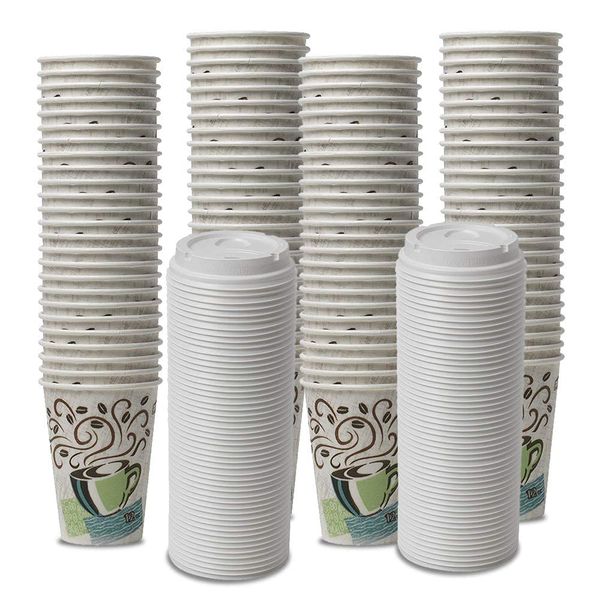 Dixie PerfecTouch WiseSize Coffee Design Insulated Paper Cup, 12oz Cups and Lids Bundle (12 oz, 100 Cups, 100 Lids)